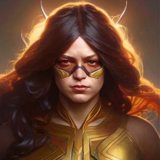 Image similar to portrait painting of ms. marvel as a warrior fairy, ultra realistic, concept art, intricate details, eerie, highly detailed, photorealistic, octane render, 8 k, unreal engine. art by artgerm and greg rutkowski and charlie bowater and magali villeneuve and alphonse mucha