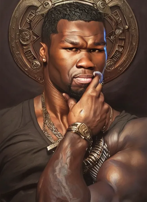Prompt: Portrait of 50 cent >yelling<, D&D, muscular, fantasy, intricate, elegant, highly detailed, digital painting, artstation, concept art, smooth, sharp focus, illustration, art by artgerm and greg rutkowski and alphonse mucha