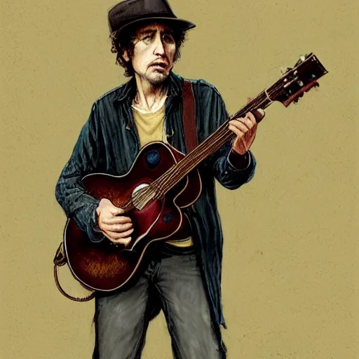 Prompt: character portrait of a rugged bob dylan playing his guitar in the fullham. f. c stadium, gothic, john singer sargent, muted colors, moody colors, illustration, digital illustration, amazing values, art by j. c. leyendecker, joseph christian leyendecker, william - adolphe bouguerea, graphic style, dramatic lighting, gothic lighting