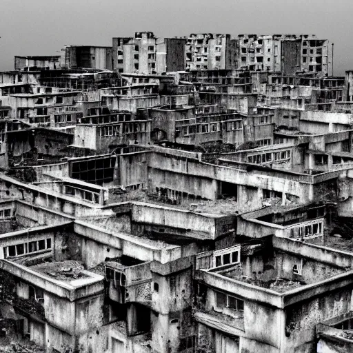 Image similar to brutalist city, prison city, totalitarian prison island, hashima island, rundown buildings, military buildings, prison complex, 3 5 mm photo