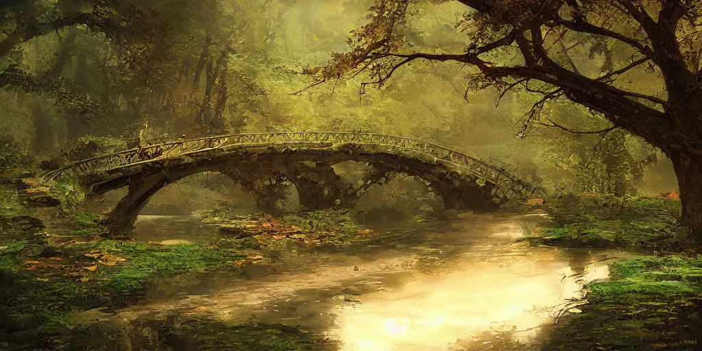 Prompt: bridge over a calm stream by Marc simonetti