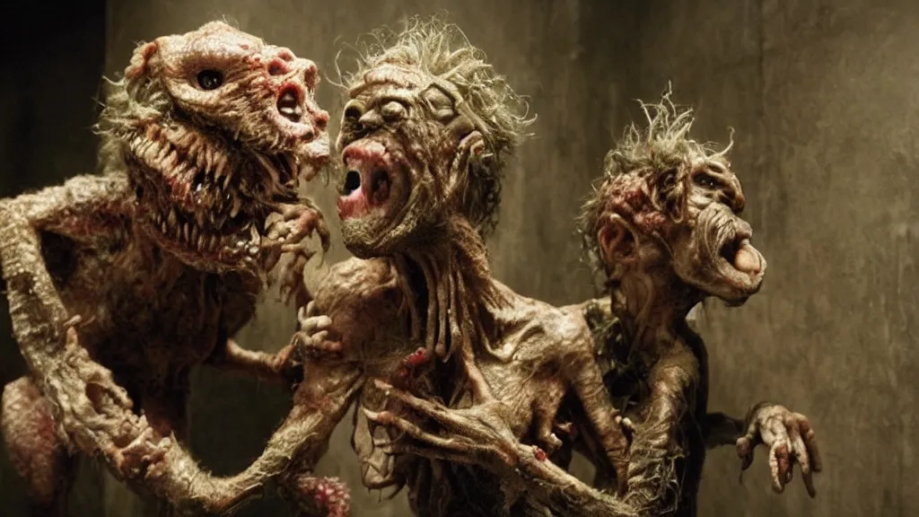 Prompt: A cinematic sculpture of a cute by scary monster with scaly skin and crazy hair by Rick Baker and Chris Walas. A film screenshot from a horror movie directed by David Cronenberg. Cinamatography by Denis Villeneuve and Christopher Nolan.