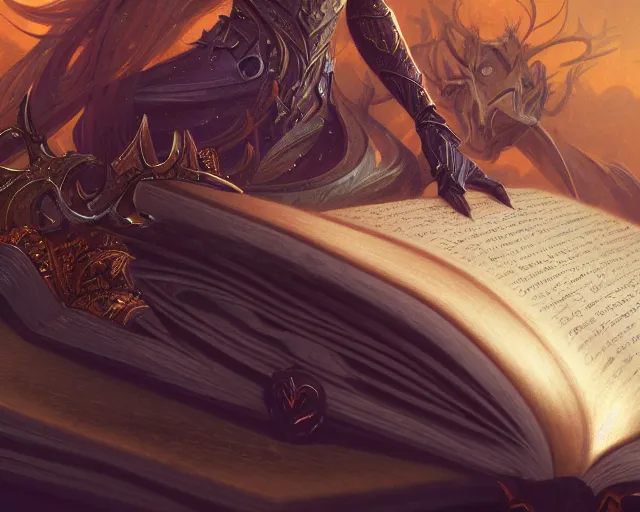 Prompt: close up of a dusty spell book, deep focus, d & d, fantasy, intricate, elegant, highly detailed, digital painting, artstation, concept art, matte, sharp focus, illustration, hearthstone, art by artgerm and greg rutkowski and alphonse mucha