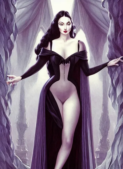 Image similar to ana de armas as morticia addams, masterpiece, intricate, elegant, highly detailed, digital painting, pinup, ethereal, atmospheric, artstation, concept art, smooth, sharp focus, illustration, art by artgerm and greg rutkowski gil elvgren and sachin teng, symmetry!!