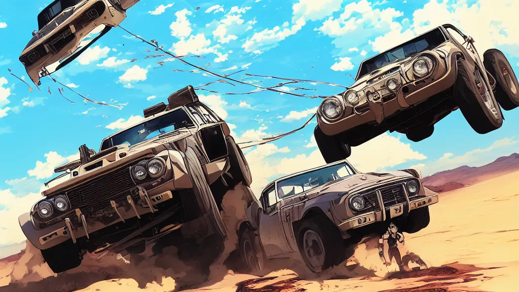 Image similar to anime illustration of mad max's fj 4 0 pursuit special, the last v 8 interceptor driving down to the gates of valhalla highway, riding fury road eternal shiny and chrome, world of fire and blood, by makoto shinkai, ilya kuvshinov, lois van baarle, rossdraws, basquiat, global illumination ray tracing hdr