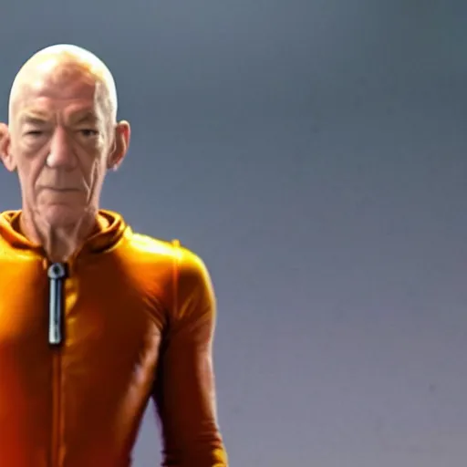 Image similar to film still, full body action shot of ian mckellen playing saitama dressed in the one punch man costume