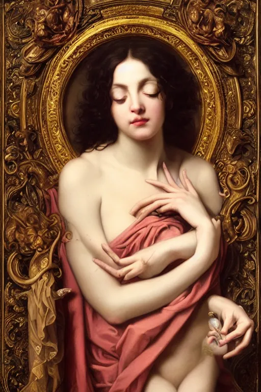 Image similar to hyper realistic painting portrait of the goddess of sleep, occult diagram, elaborate details, rococo, baroque, gothic, intrincate ornaments, gold decoration, caligraphy, occult art, illuminated manuscript, oil painting, art noveau, in the style of roberto ferri, gustav moreau, waterhouse