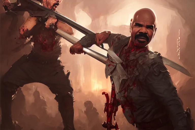 Image similar to portrait of steve harvey with a broadsword, fighting a zombie horde, charlie bowater, artgerm, ilya kuvshinov, krenz cushart, ruan jia, realism, ultra detailed, 8 k resolution