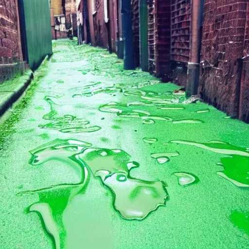 Prompt: a small sticky puddle of green luminous goop on the pavement in a back alley, in the style of a pixar movie