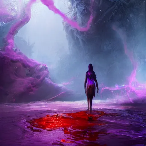 Prompt: !dream A Witch emerges from a pool of swirling purple and red magical liquid by Greg Rutkowski, 4k photorealistic, volumetric lighting, HD, high details, dramatic, trending on artstation