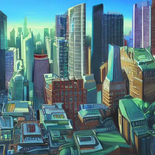 Image similar to City, Landscape, Style of Alex Ross, Digitally hand-painted, colour