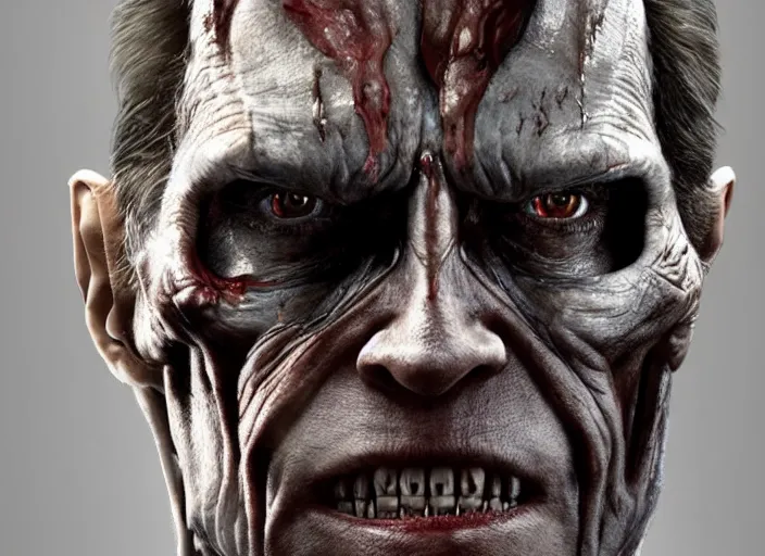 Image similar to willem dafoe as victor stone, full body concept, cyborg, borg, strogg, face of a man, terminator, flesh, quake strogg, doom demon, wolfenstein, monstrous, symmetry, symmetrical, concept art by ruan jia and greg rutkowski