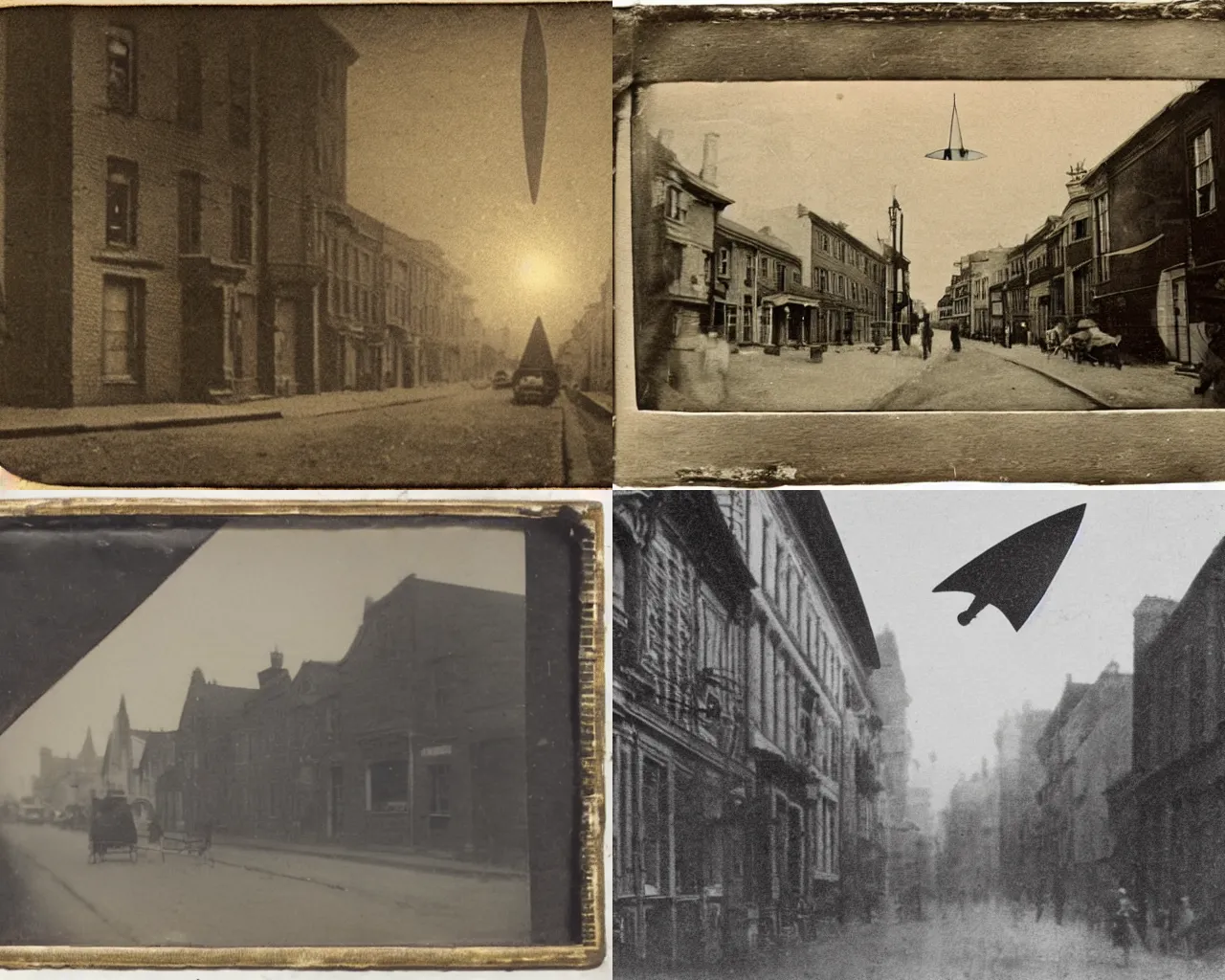 Prompt: 1800s photograph of a street scene depicting a blurry triangular UFO in the sky