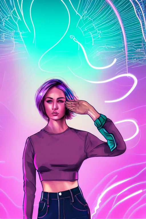 Image similar to a award winning half body portrait of a beautiful woman in a croptop and cargo pants with ombre purple pink teal hairstyle and hands in pockets by ari liloan, surrounded by whirling illuminated lines, outrun, vaporware, shaded flat illustration, digital art, trending on artstation, highly detailed, fine detail, intricate