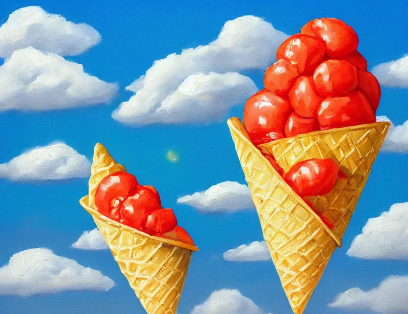 Prompt: a realistic painting of a lazy tomato on a sunny beach eating ice cream white clouds in a cone