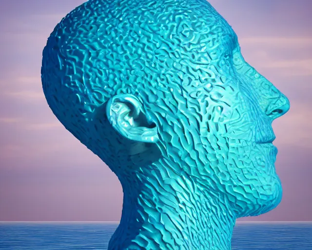 Image similar to a giant sculpture in the ocean of an abstract human head, hyper - realistic, very detailed, realistic water, ray tracing, 8 k resolution, long - shot, sharp focus, low angle, 8 5 mm photograph, wide lens