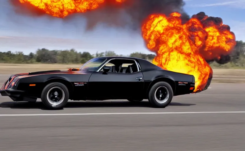 Image similar to a black 1 9 7 3 pontiac firebird trans am sd - 4 5 5 driving high speed, fire explosion in the background, action scen. realistic. dramatic