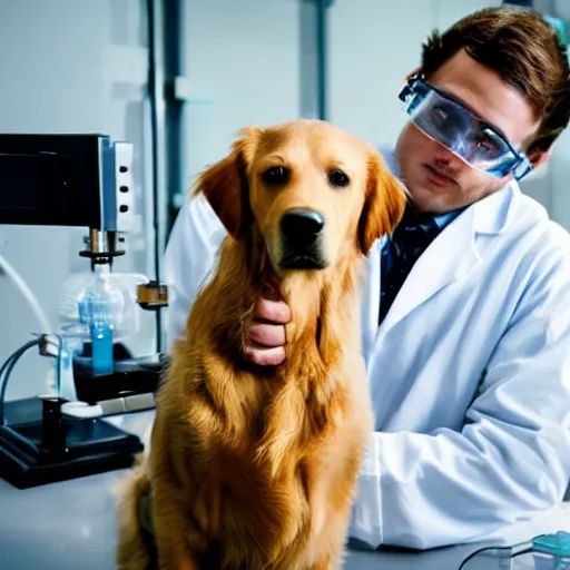 Prompt: a scientist with a golden retriever head working in a laboratory, 8 k, ultra realistic, cinematic