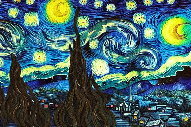 Prompt: man is seeing old god cthulhu terrifying the night sky of a city, epic scene oil painting hyper - detailed realistic dark van gogh style