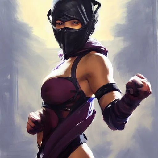 Image similar to greg manchess portrait painting of mileena from mortal kombat wearing a mask covering her mouth as overwatch character, medium shot, asymmetrical, profile picture, organic painting, sunny day, matte painting, bold shapes, hard edges, street art, trending on artstation, by huang guangjian and gil elvgren and sachin teng