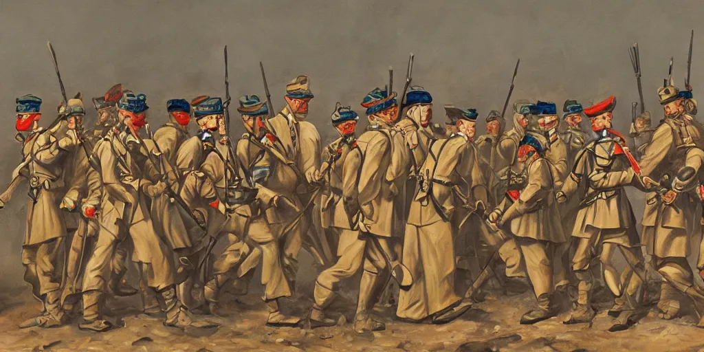 Prompt: detailed painting of blindfolded soldiers