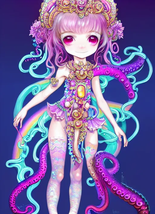 Image similar to A full body shot of a cute young magical girl wearing an ornate dress made of opals and tentacles. Chibi Monster GIrl. Subsurface Scattering. Dynamic Pose. Translucent Skin. Rainbow palette. defined facial features, symmetrical facial features. Opalescent surface. Soft Lighting. beautiful lighting. By Giger and Ruan Jia and Artgerm and WLOP and William-Adolphe Bouguereau and Loish and Lisa Frank. Fantasy Illustration. Sailor Moon. Masterpiece. trending on artstation, featured on pixiv, award winning, cinematic composition, dramatic pose, sharp, details, Hyper-detailed, HD, HDR, 4K, 8K.