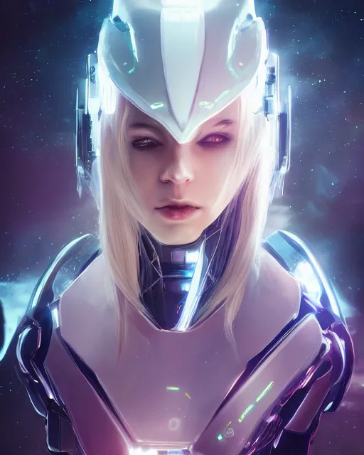 Image similar to perfect android girl on a mothership, warframe armor, beautiful face, scifi, futuristic, galaxy, nebula, raytracing, dreamy, long white hair, blue cyborg eyes, sharp focus, cinematic lighting, highly detailed, artstation, divine, by gauthier leblanc, kazuya takahashi, huifeng huang