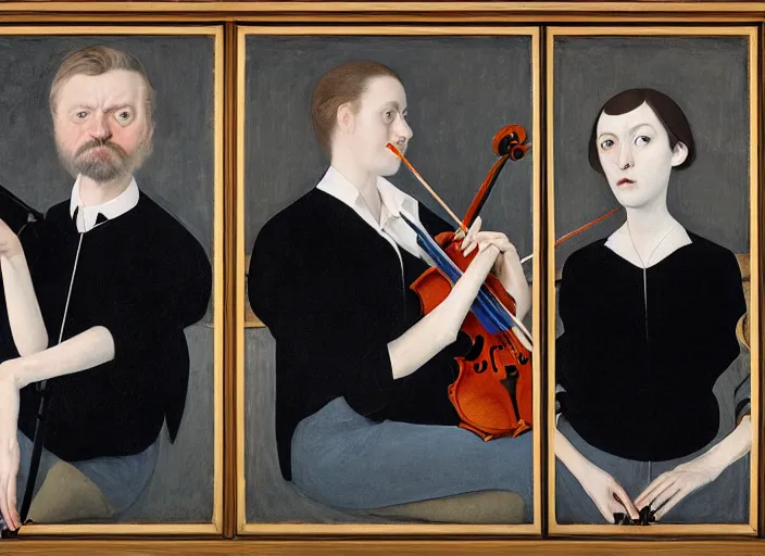 Prompt: portrait of two young violin players getting ready to perform looking, half figure front, francis bacon and pat steir and hilma af klint and james jean and vincent lefevre, psychological, photorealistic, symmetrical faces, intriguing eyes, rendered in octane, altermodern, masterpiece