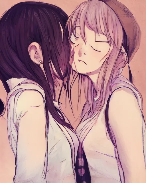 Image similar to portrait of two girls kissing, anime, trending on Artstation