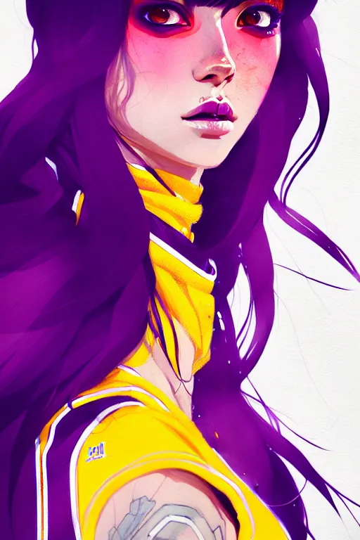 Image similar to a ultradetailed beautiful panting of a stylish girl in a los angeles lakers jersey, by conrad roset, greg rutkowski and makoto shinkai, trending on artstation