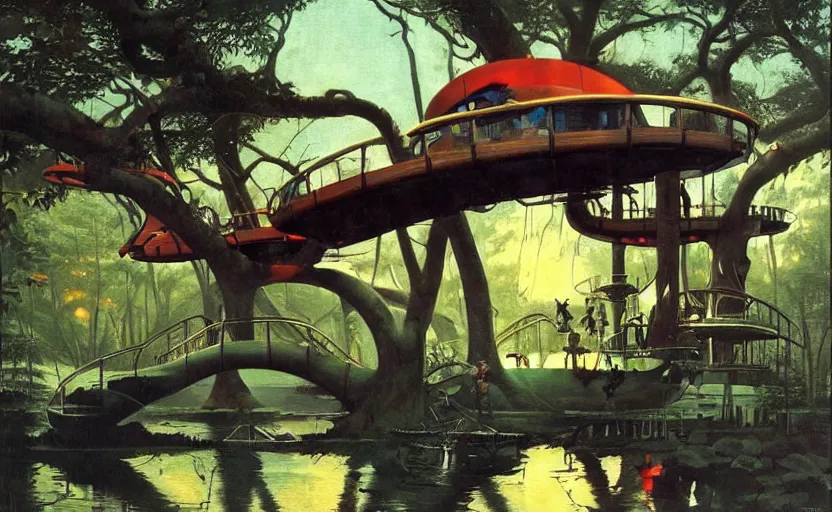 Image similar to a scene of futuristic treehouse lounge by water. highly detailed science fiction painting by norman rockwell, frank frazetta, and syd mead. rich colors, high contrast, gloomy atmosphere, dark background. trending on artstation