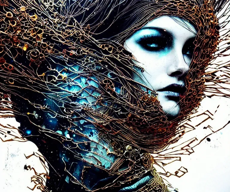 Prompt: stunning otherworldly gothic goddess of ice fire, dark and mysterious, atmospheric, ominous, eerie, cinematic, epic, 8 k, 4 k, ultra detail, ultra realistic, rendered by awesomeness. nights falling wind is blowwing snow is pilling concept art in style of carne griffiths artwork by xsullo el anatsui