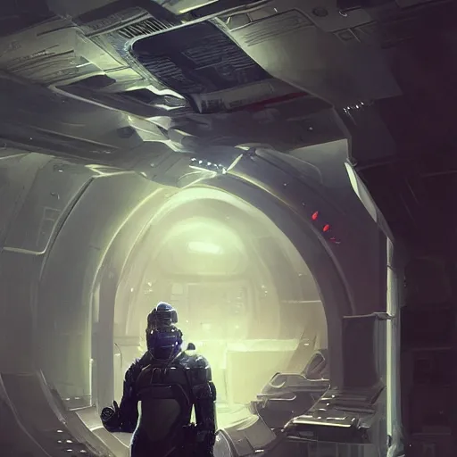 Image similar to portrait scifi art by Greg Rutkowski, a man wearing futuristic riot control gear, claustrophobic and futuristic environment, detailed and intricate environment, high technology, highly detailed portrait, digital painting, artstation, concept art, smooth, sharp foccus ilustration, Artstation HQ