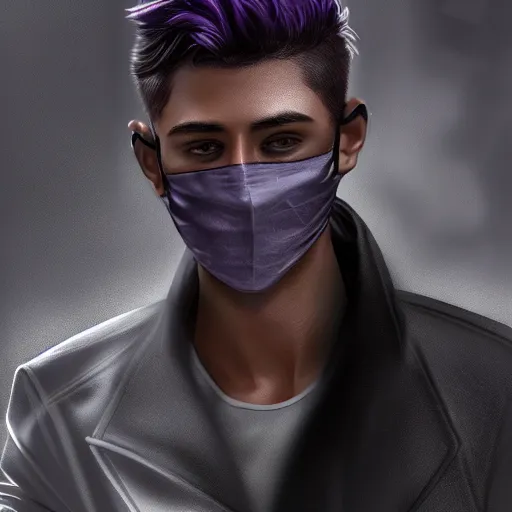 Prompt: professional digital art of a stylish young adult man with a black face mask, earrings, and dark clothes, high quality, HD, 8K, highly detailed, award-winning, sci-fi, fantasy, movie character, concept art, fashion, dark purple clouds, night