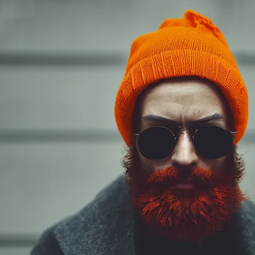 Prompt: A bearded wizard with an orange beanie, dramatic, cinematic, (EOS 5DS R, ISO100, f/8, 1/125, 84mm, postprocessed, crisp face, facial features)