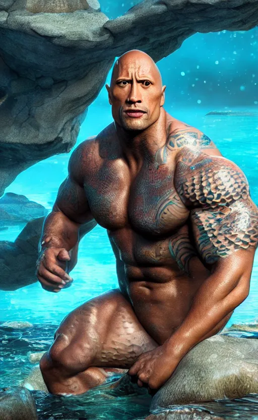 Image similar to dwayne johnson as a charming mermaid work safe dreamlike, character art, hyperdetailed, 8 k realistic, unreal engine, cryengine, dof, trending on artstation, digital art