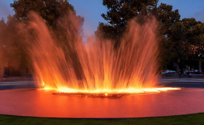 Prompt: a beautiful photo of a roundabout with an italian sculptural fountain shooting fire instead of water, sunset lighting, intricate detail, photorealistic