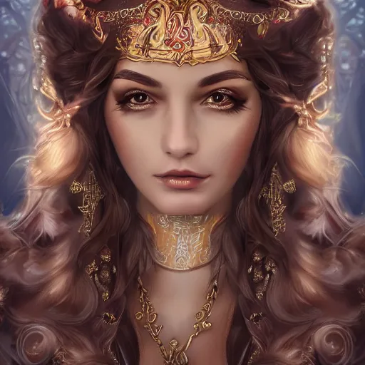 Image similar to A beautiful detailed portrait of a tempting young beautiful female fantasy sorceress with fair skin and long dark brown hair dressed in ornate magical clothing by Kirbi Fagan, trending on artstation