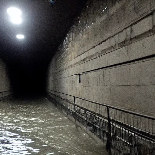 Prompt: flooded subway tunnel, eerie, creepy, spooky, liminal, liminal space, surreal, dark, dim,