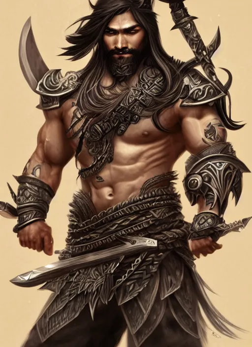 Prompt: a highly detailed illustration of serious long haired tattooed asian tribal warrior man with blade, heroic wielding blade pose, muscular, intricate, elegant, highly detailed, centered, digital painting, artstation, concept art, smooth, sharp focus, league of legends concept art, wlop.