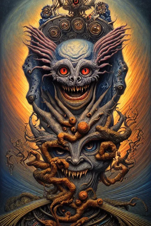 Prompt: A beautiful detailed grotesque monster super cute tarot card, by tomasz alen kopera and Justin Gerard, symmetrical features, ominous, magical realism, texture, intricate, ornate, royally decorated, mechanic, skeleton, whirling smoke, embers, red adornements, blue torn fabric, radiant colors, fantasy, trending on artstation, volumetric lighting, micro details, 3d sculpture, ray tracing, 8k, anaglyph effect, digital art
