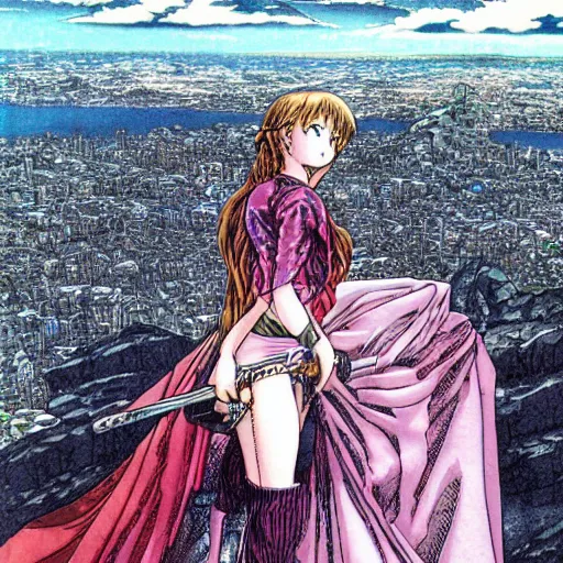 Image similar to beautiful girl looking from the edge of the mountain on the giant night city below, midnight, highly detailed colored manga page, illustration by kentaro miura and hiromu arakawa