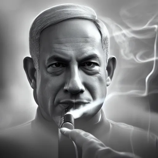 Prompt: a portrait of benjamin netanyahu as an advanced cyborg smoking a cigar, smoke in background, grainy, dramatic lighting, octane render, neutral colors, sharp, 4 k