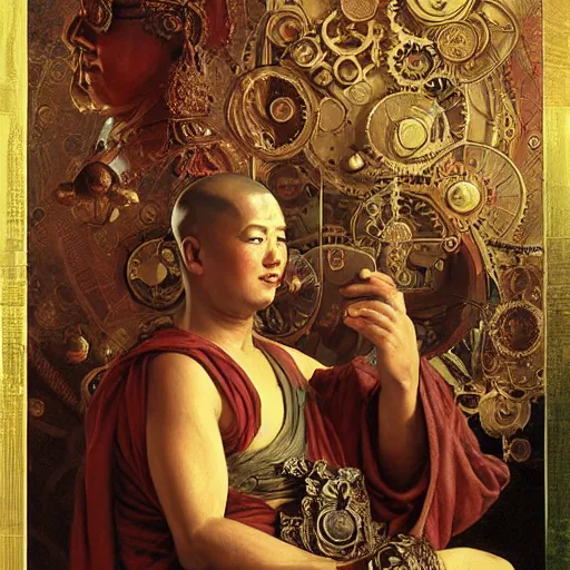 Image similar to buddhist monk blindfolded with high - teh vr steampunk headset armour baroque style, painting by gaston bussiere, craig mullins, j. c. leyendecker, lights, art by ernst haeckel, john william godward, hammershøi,