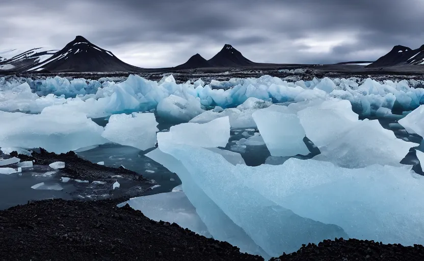 Prompt: icelandic landscape, moody, cinematic, muted colors, glaciers, ice, water