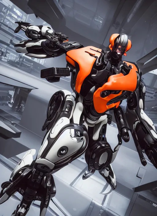 Image similar to a Photorealistic dramatic hyperrealistic full frame render of a Sleek futuristic exosuit Freedom Formula Racing Mech,Ultra realistic details,glossy white metal,Orange racing stripes,weathered surfaces,by Hidetaka Tenjin,Yoh Yoshinori,Yoji Shinkawa,Masamune Shirow,Beautiful dramatic dark moody tones and lighting,cinematic atmosphere,studio lighting,shadows,dark background, Octane render,8K