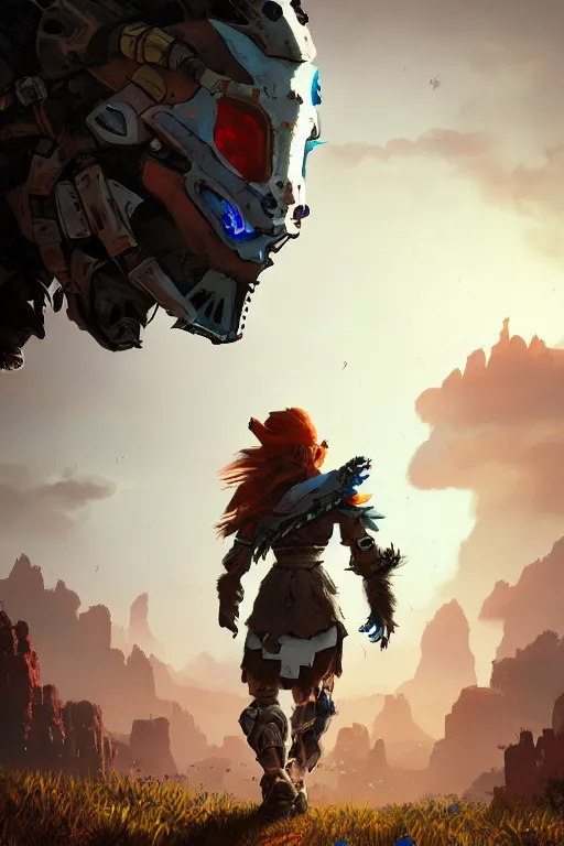 Image similar to combination suit armor aloy horizon forbidden west horizon zero dawn radiating a glowing aura global illumination ray tracing hdr fanart arstation by ian pesty and alena aenami artworks in 4 k tribal robot ninja mask helmet backpack