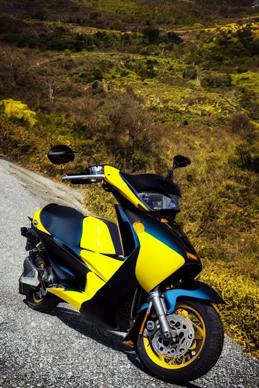 Prompt: yamaha dio with yellow, carbon and white paintjob, mountainroad background, midday, 5 0 0 ccm engine, race style, custom scooter, dslr, 8 5 mm, f / 1. 3