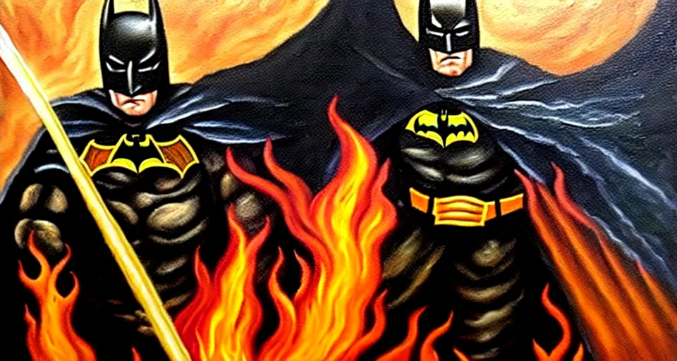 Image similar to An oil painting of a dark knight wielding a flaming sword