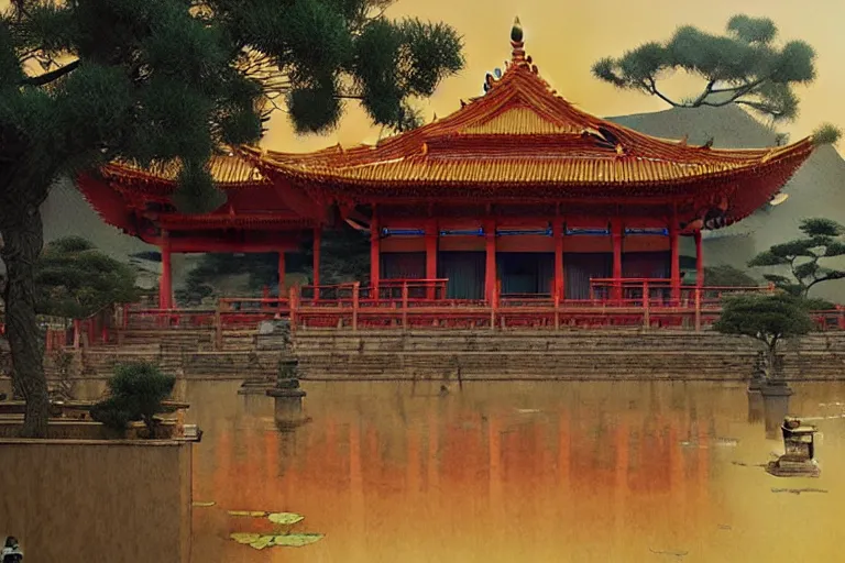 Prompt: asian temple, painting by jean giraud, greg rutkowski, carl larsson